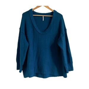 Free People Brookside Tunic Oversized Sweater Chunky Scoop Neck Blue, XS